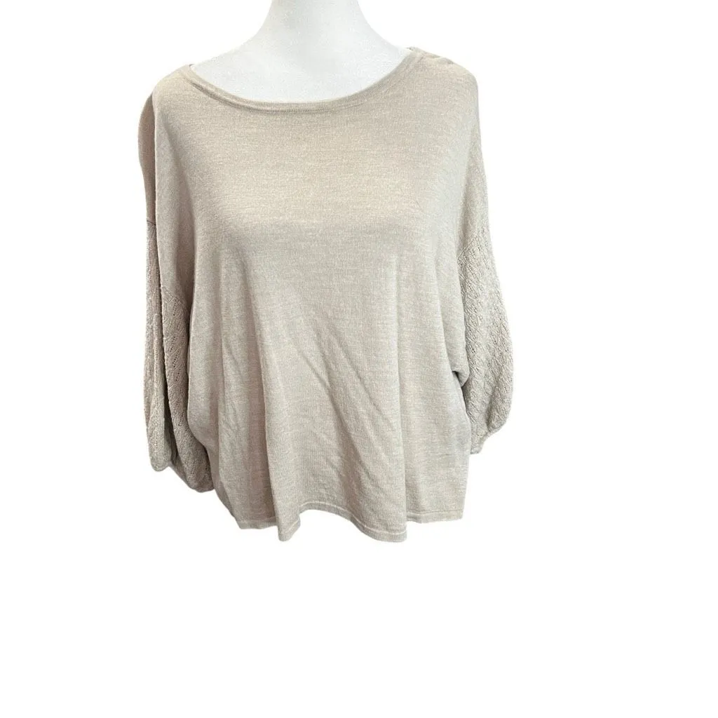 Garnet Hill Merino Wool Blouson Sleeve Sweater Pointelle Cropped Large - Image 4