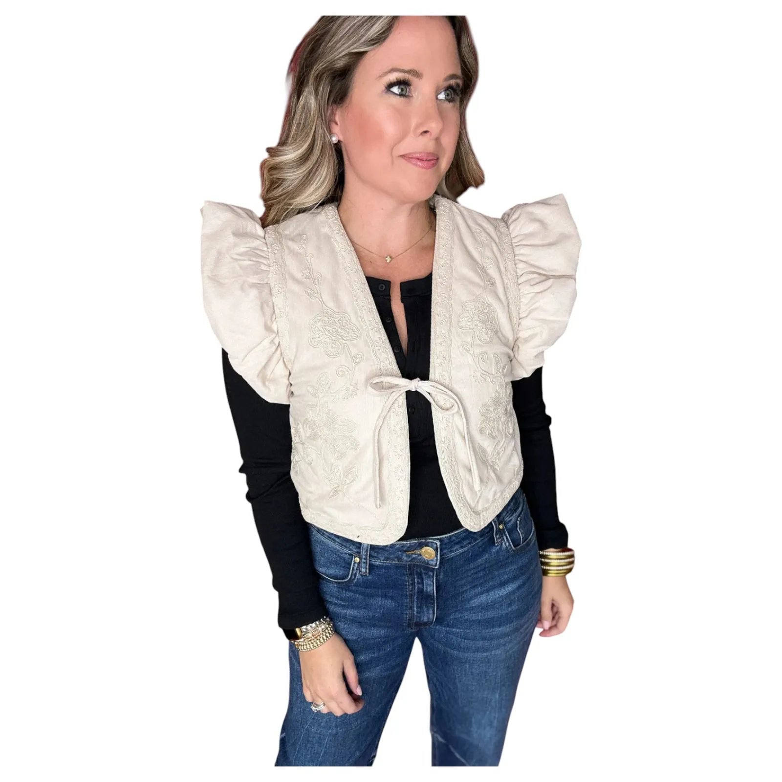 Entro Veada Embroidered Cream Floral Quilted Topper Tie Medium NEW with Tags - Image 9