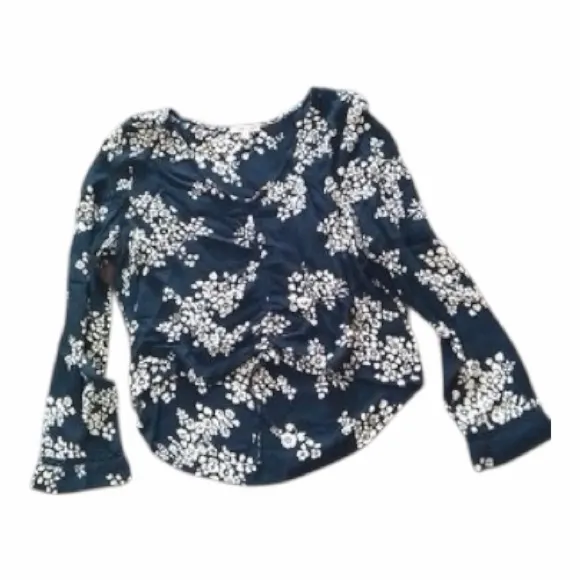 Patrons of Peace Navy & Ivory Floral Ruched V-Neck Top Medium - Image 7