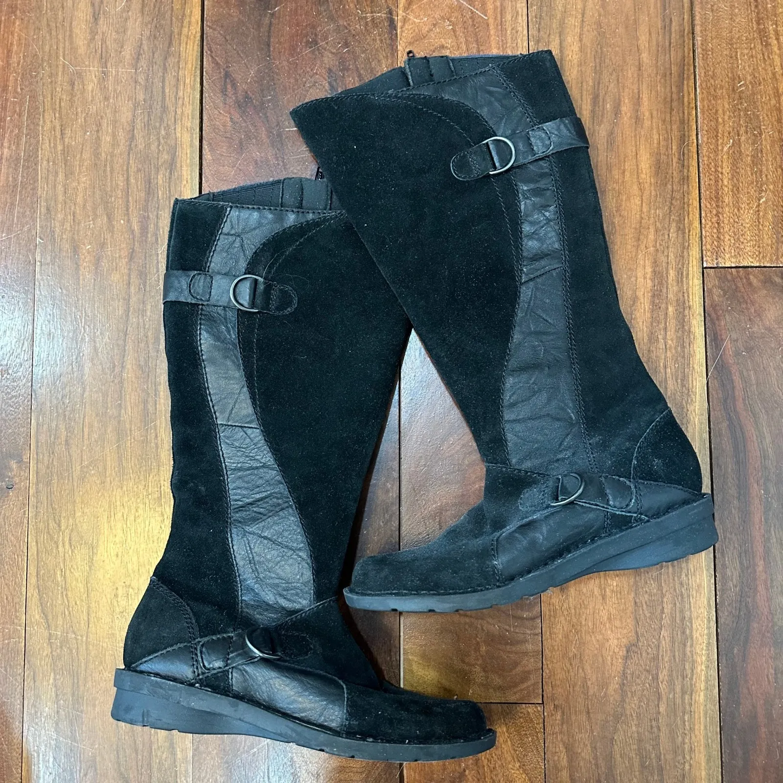 Clarks Womens Boots Knee High 7 Black Leather Riding Buckle Suede Wedge Comfort - Image 6