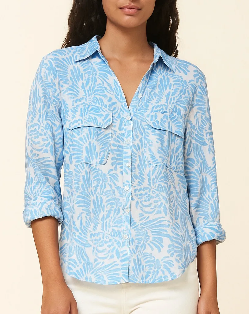 Roller Rabbit 100% Linen Guy Shirt in Blue/White Leaf Print Size Small Coastal - Image 1