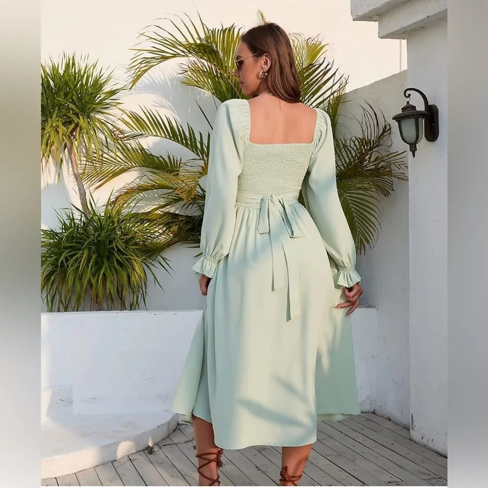 Women's Tie Back Long Puff Sleeve Dress Sage Ruffle Wrap Reversible Flowy (52) Green Size XS - Image 3