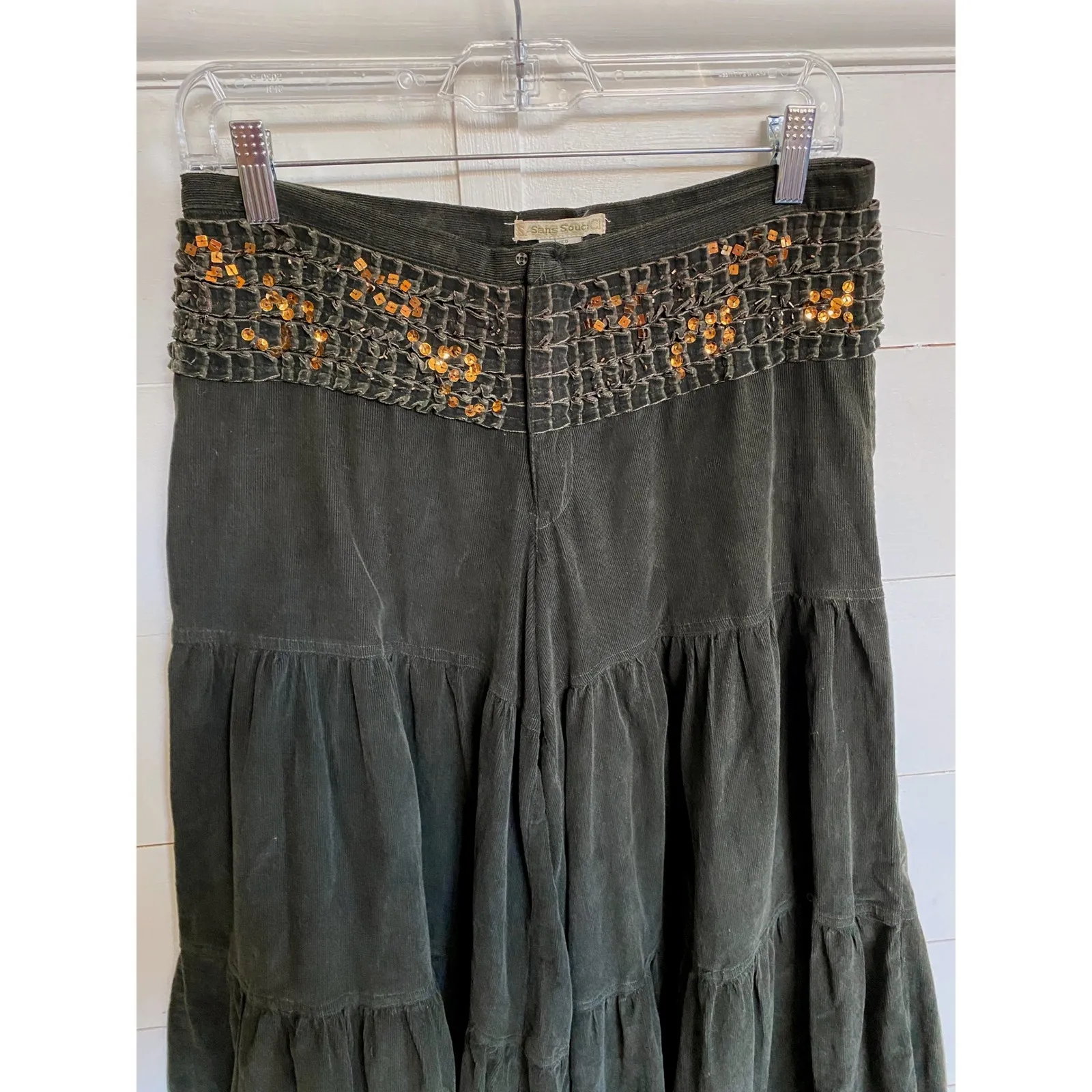 Sans Souci Women's Green Exaggerated Wide Leg Harem Pants Sequin Waistband - S - Image 11