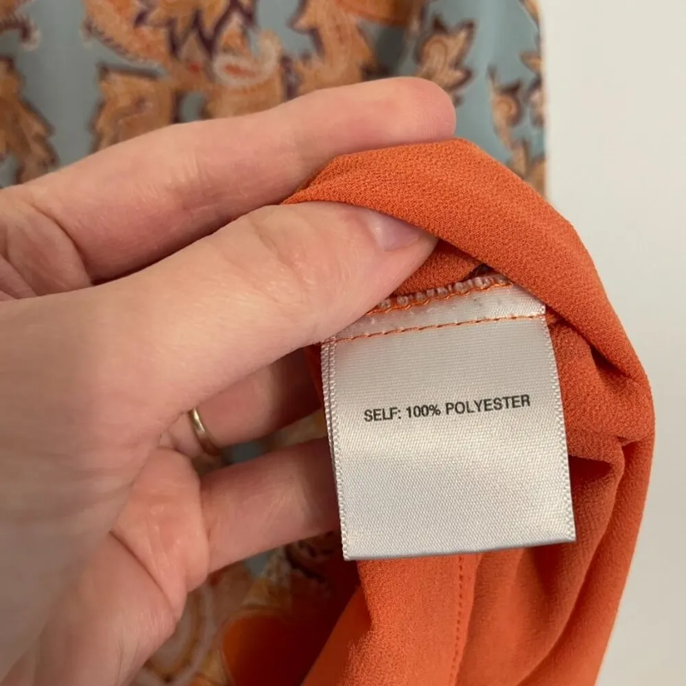 ROSE + OLIVE Orange Blue Paisley Geo Split Back Sleeveless Boho Tank Top Blouse - Image 7