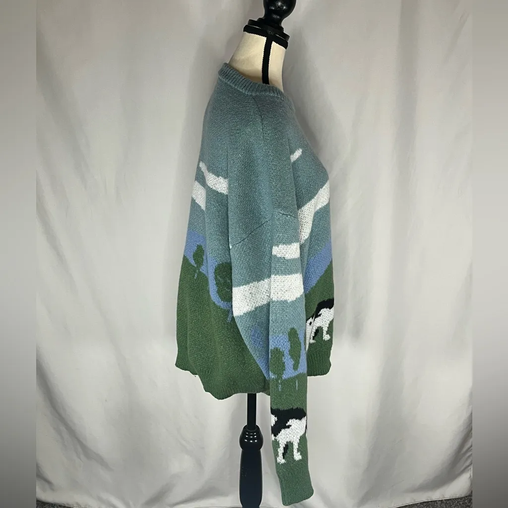 Manfinity Cow Print Landscape Crew Neck Sweater Green Size L - Image 2
