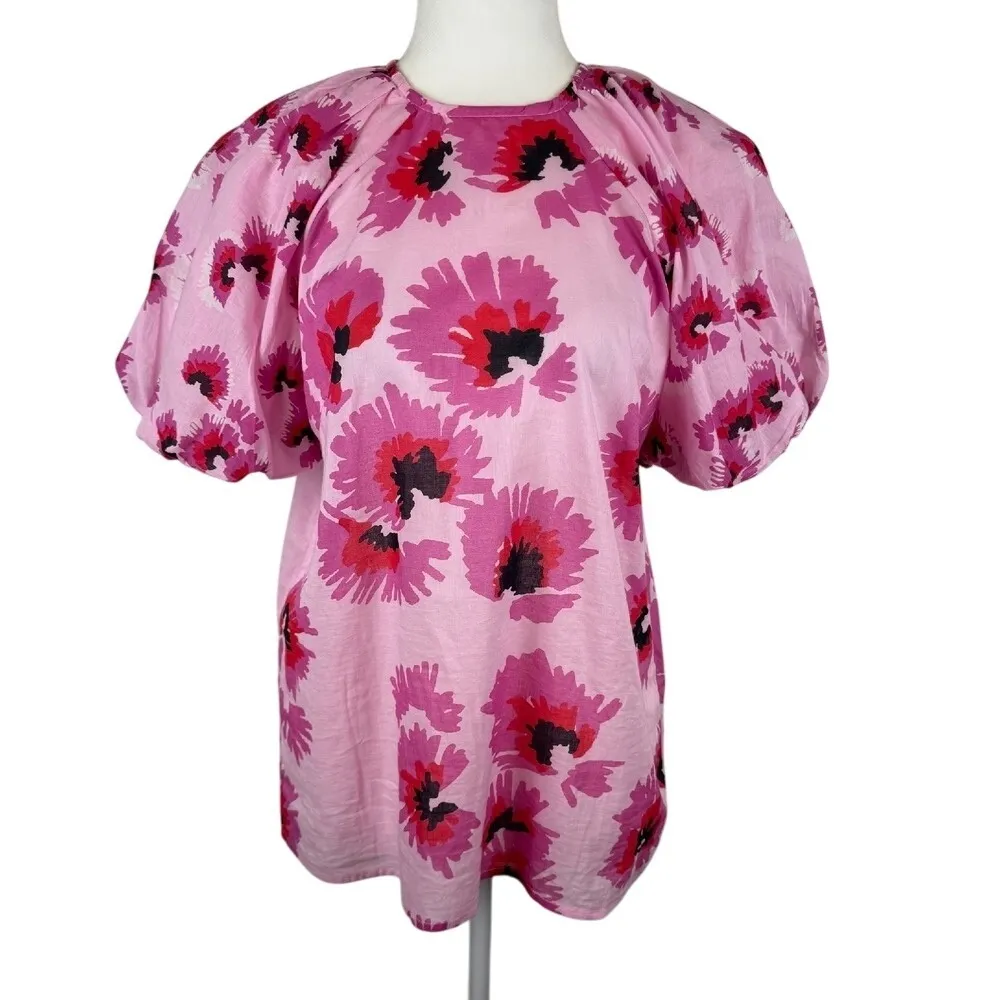 Banjanan Anthropologie Santos Floral Blouse Sz S‎ Puff Sleeve Cotton Pink Casual - Image 3