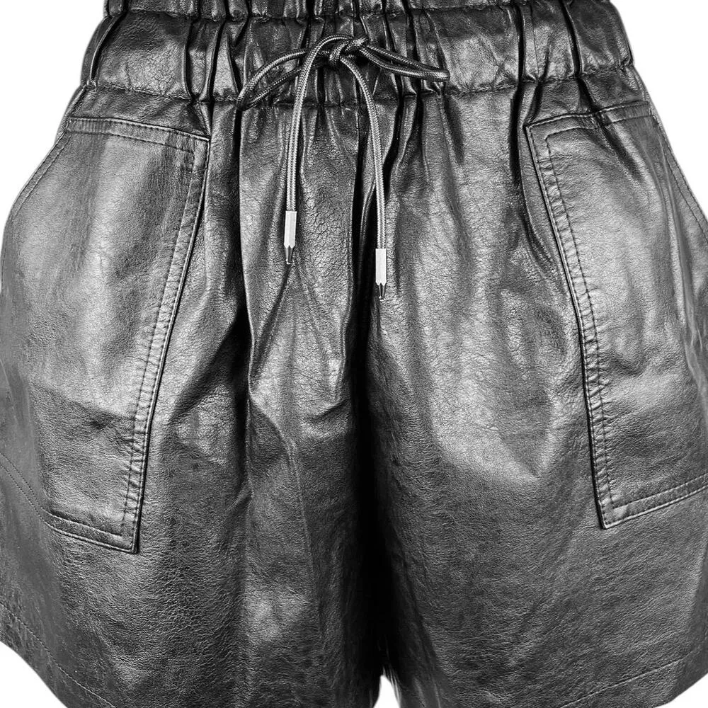 Women's Black Faux Leather High Waist Wide Leg Elastic Waist Shorts XL - Image 4