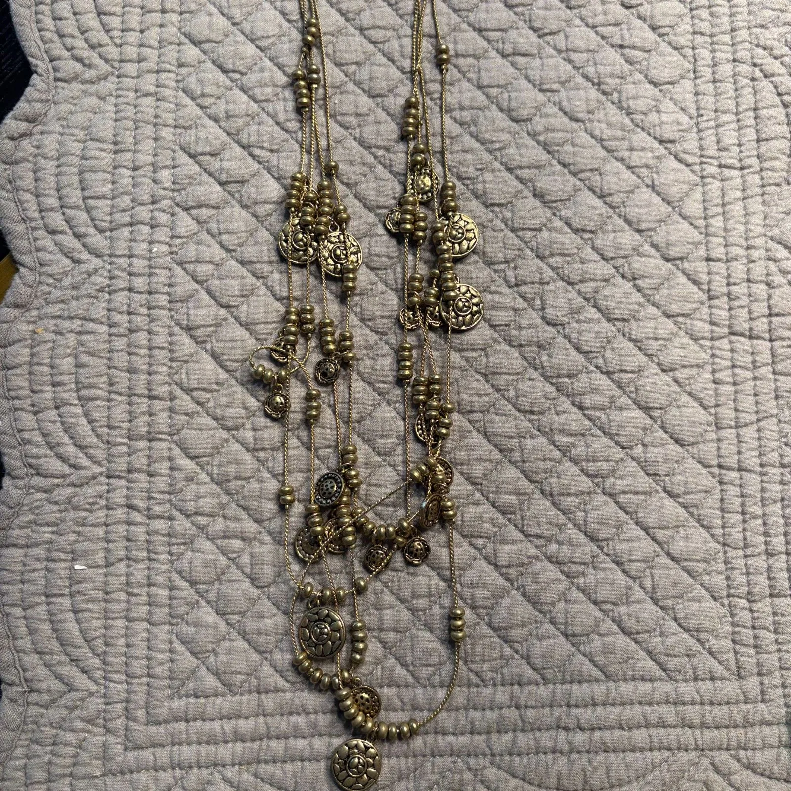 Boho Multi Strand Gold Tone Coin Bead Necklace 4 Layer Long 28” Adjustable - Image 3