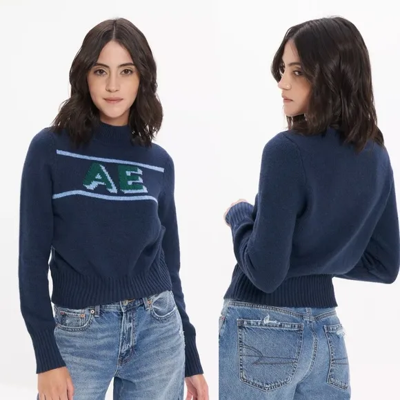 American Eagle Smiley Navy Mock Neck Logo Smile Face Sweater - Image 2