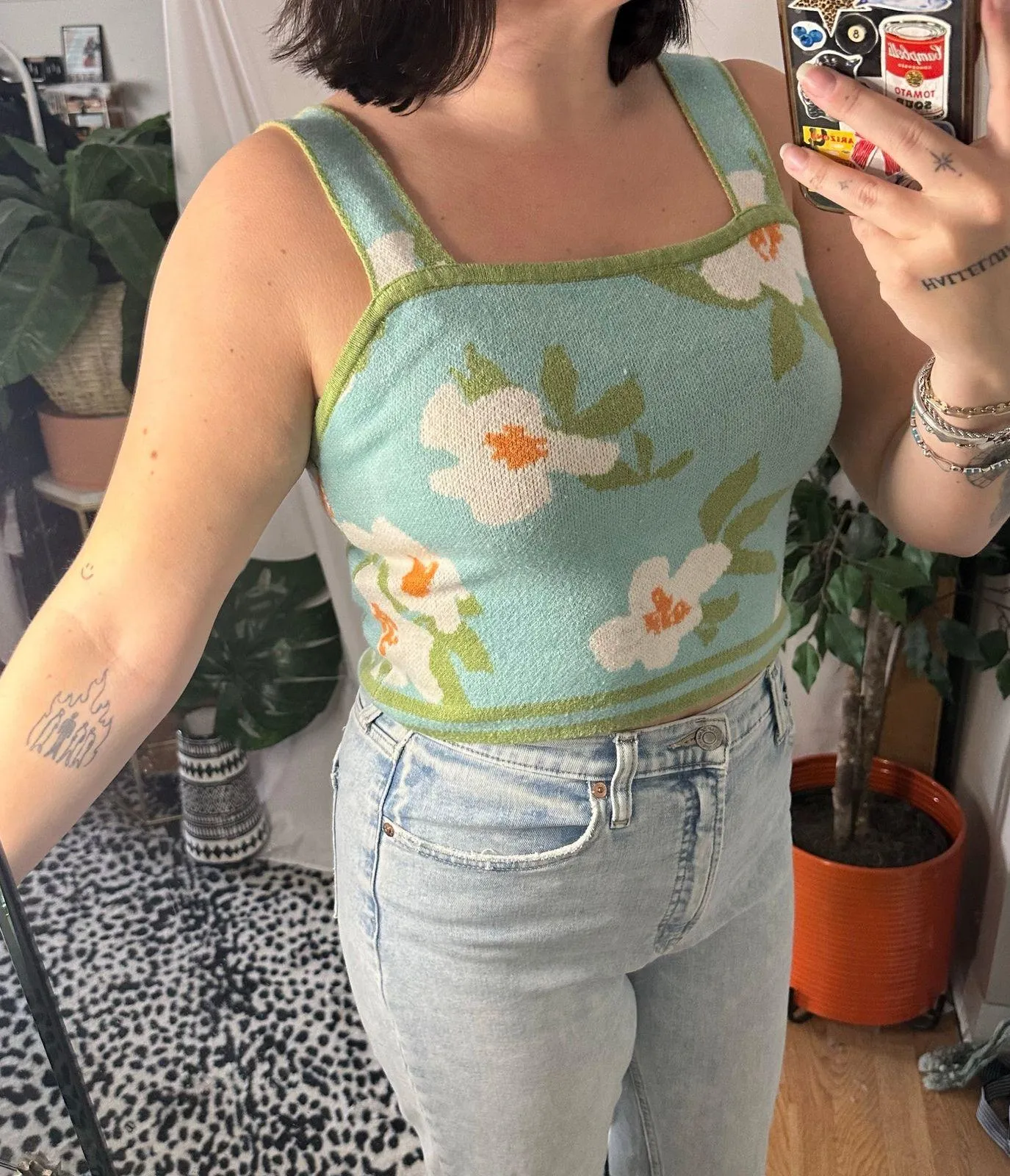 Sage & Oak Floral Knit Cropped Tank Top Blue Green Size Small - Image 2
