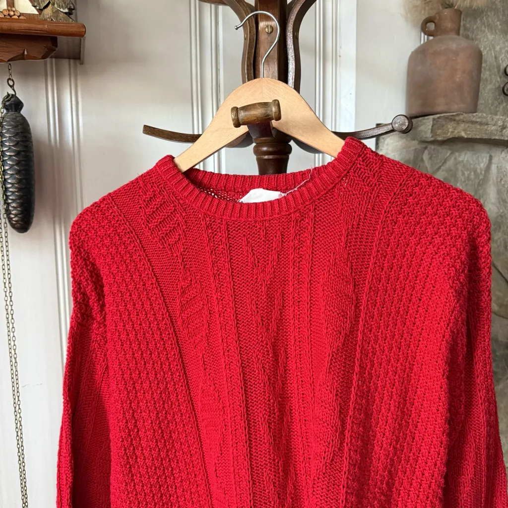 Vintage Cotton Red Cable Knit Sweater Size XL - Image 2