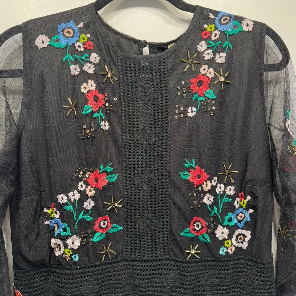 Floral Embroidered Black Maxi Dress Sheer Overlay & Long Sleeves Frock & Frill Size 14 - Image 7