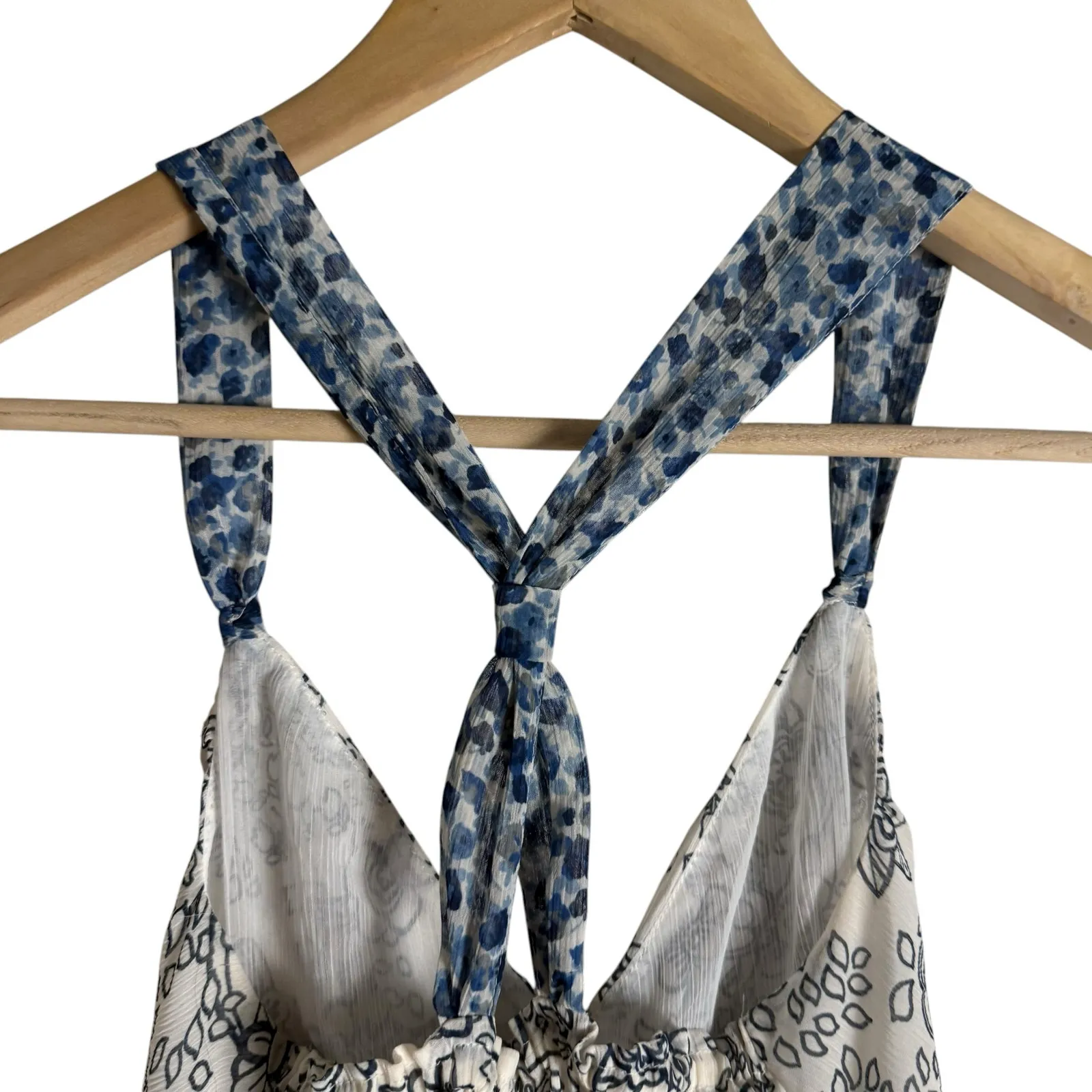 Abercrombie Y2K White Blue Floral Print Twist Back Babydoll Boho Tank Top XS - Image 4
