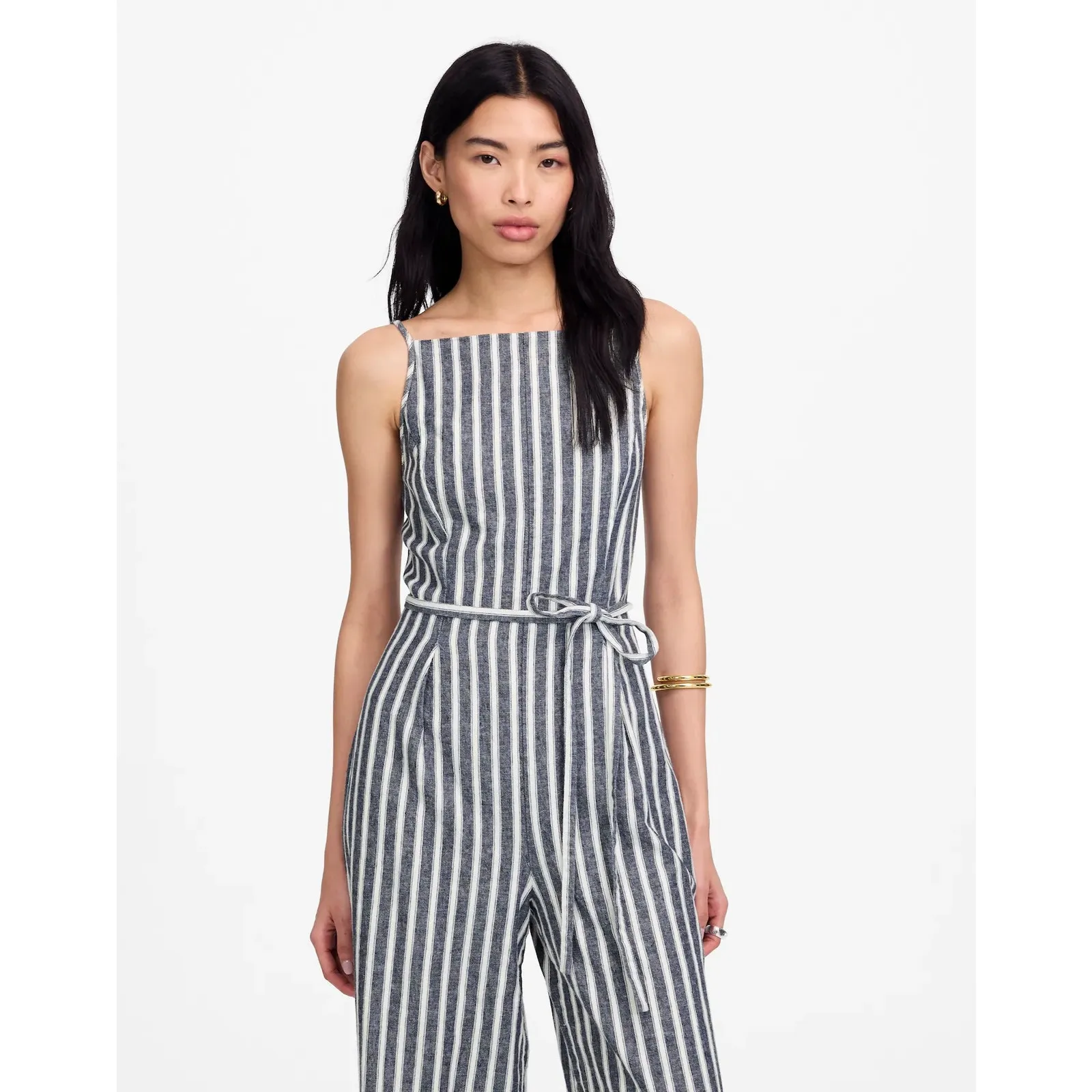 Madewell Pleated Wide-Leg Jumpsuit in Pinstripe Linen Size 10 NWT Modern - Image 4