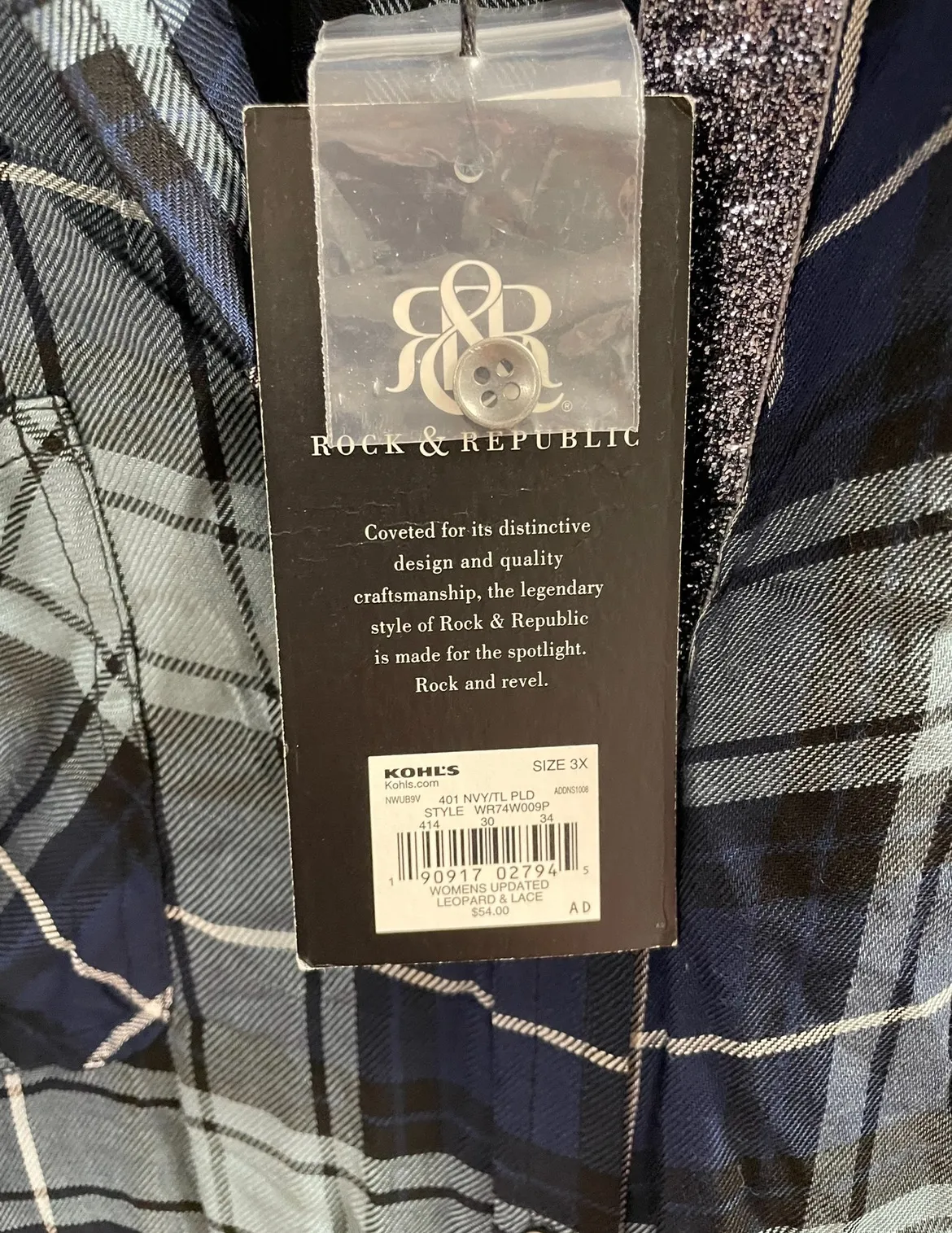 Rock & Republic Blue Grey Plaid Button Up Shirt Top Blouse Women 3X NWT NEW - Image 9