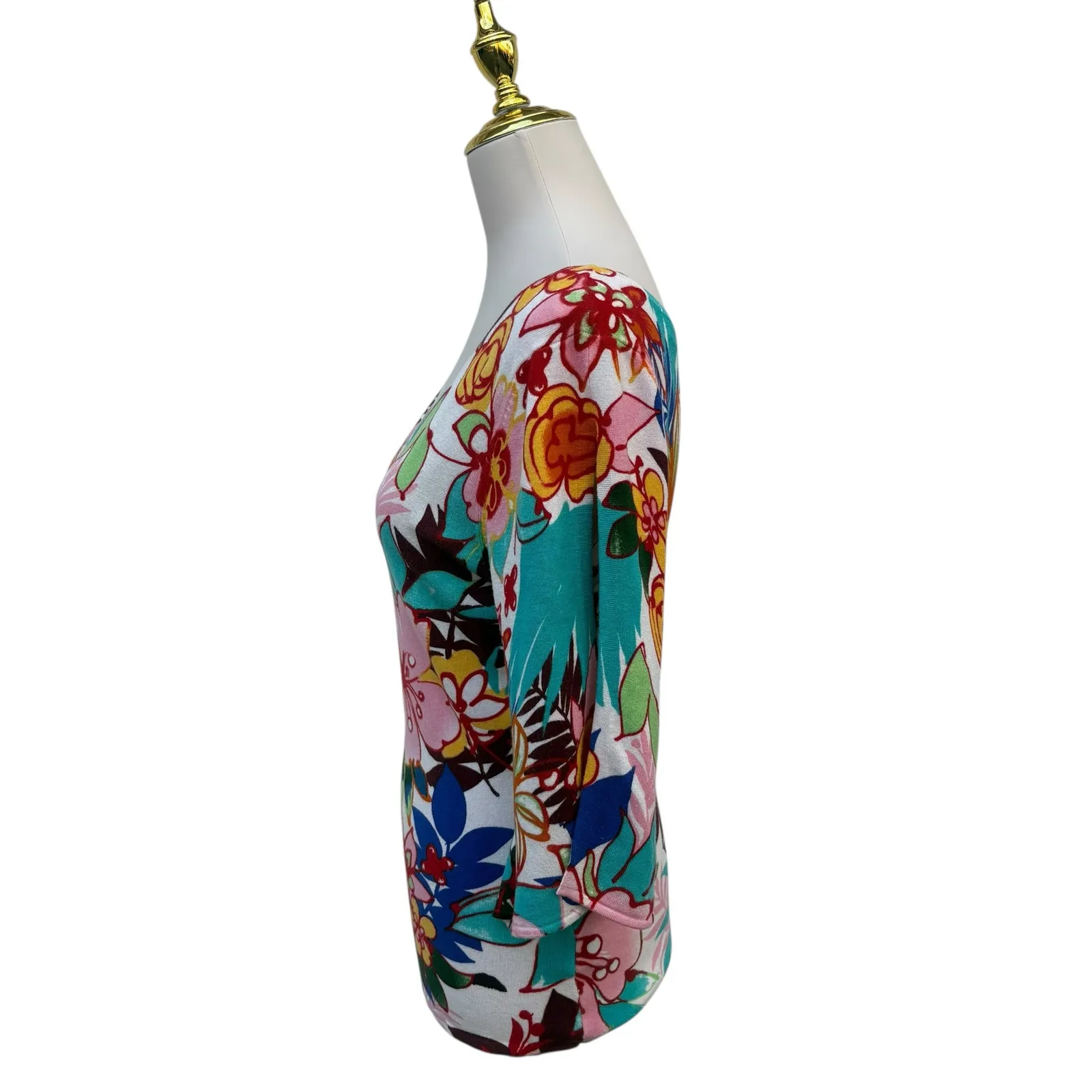 Boston Proper Top Sz M Bold Floral Print Stretch Split Sleeve Resortwear Vibrant - Image 4