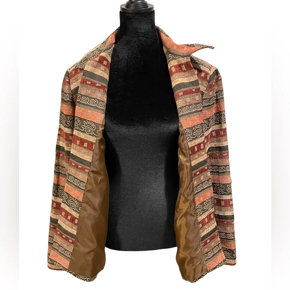 Alfred Dunner Hippie Earthy Eclectic Striped Tapestry Beaded Open Face Coat - Image 2