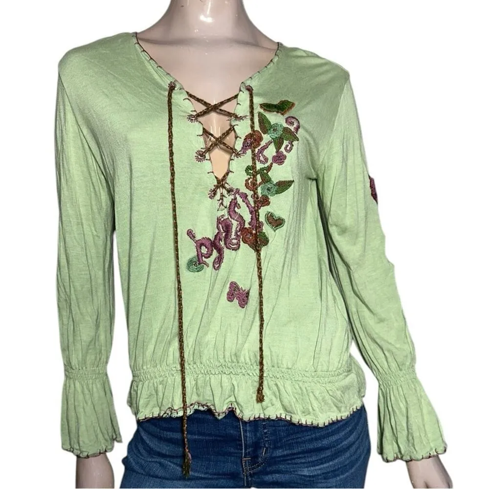 PSSSY Folk Collection Women’s Size M L Light Green Amor Heart Embroidered Top Size M - Image 2