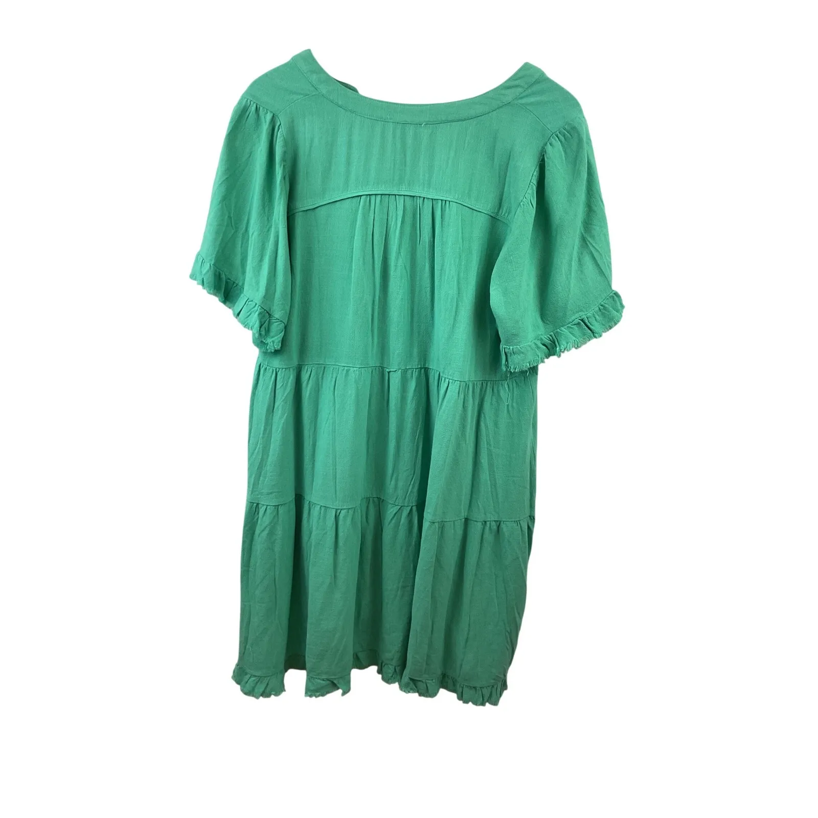Umgee Green Tiered Frayed Hem V Neck Short Sleeve Casual Dress Size Medium - Image 5