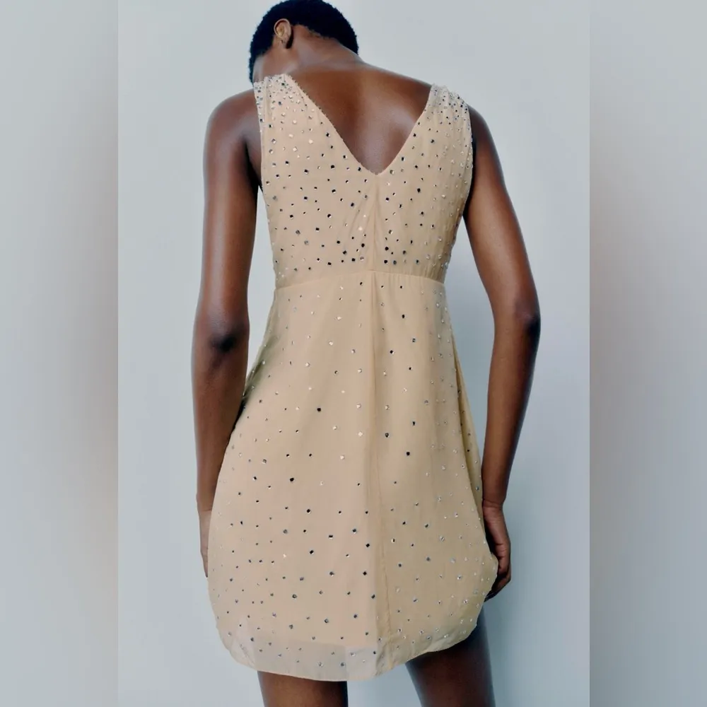 Zara NWT nude jewelled embellished crystal rhinestone sparkly v neck mini dress - Image 9