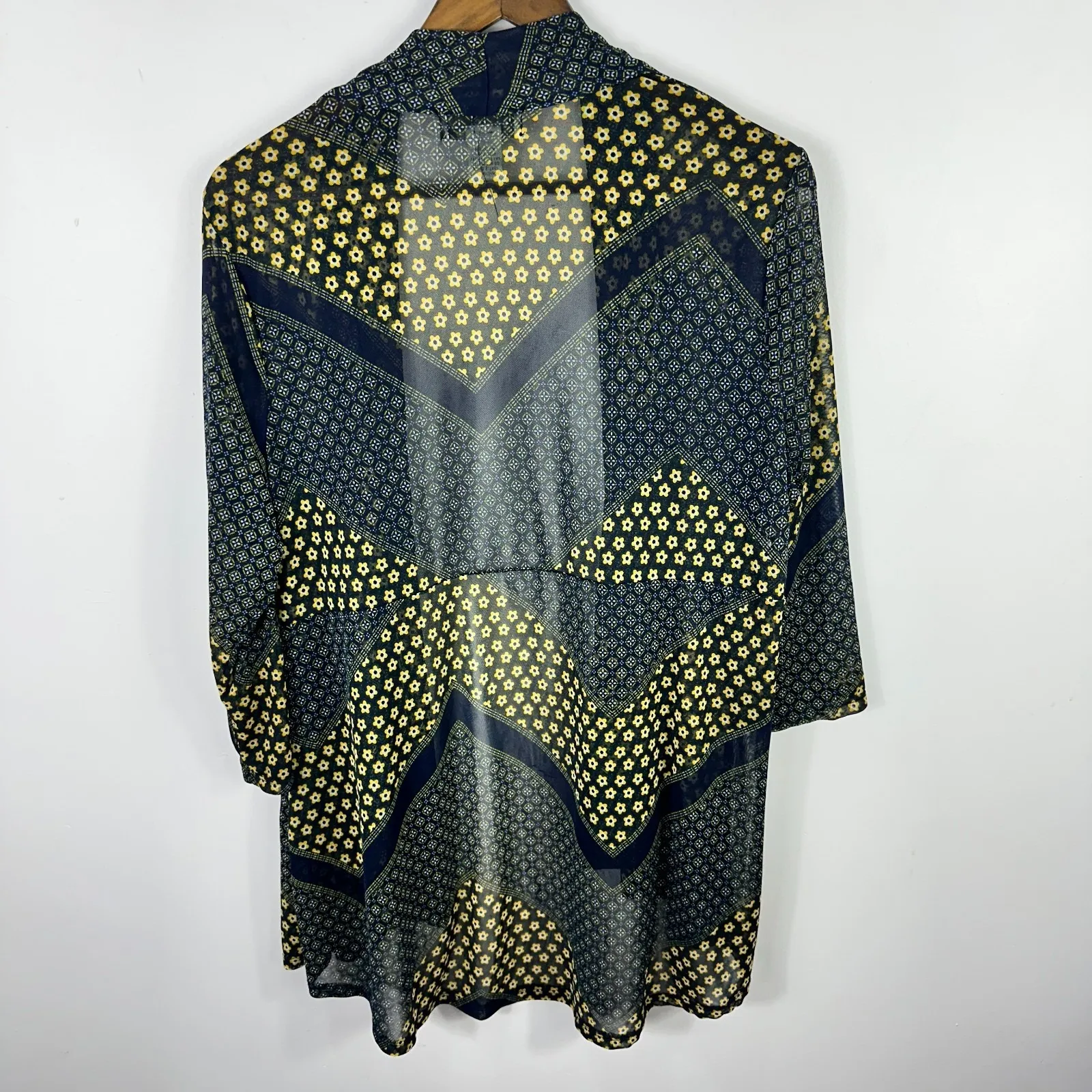 Emma & Olive Cardigan 1X Navy Yellow‎ Floral Boho Open Front Stretchy Retro Work Blue - Image 6