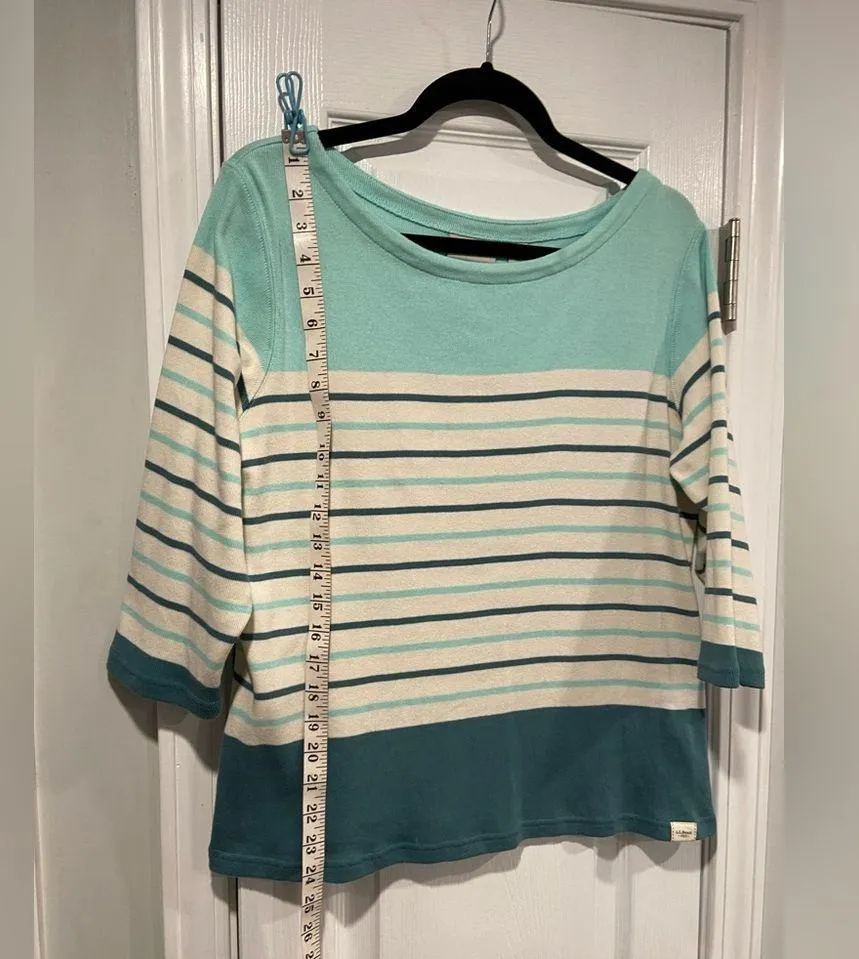 L.L. Bean Size LP Aquamarine Teal Stripe 3/4 Sleeve Knit Heritage Mariner Shirt Green - Image 7