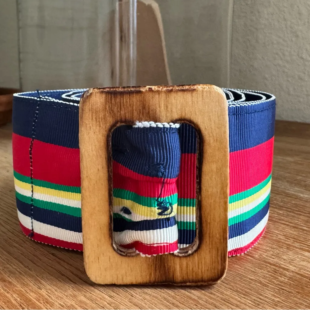 Vintage Rainbow Stripe Belt with Wooden Buckle 70s‎ Style Preppy Accessory Blue - Image 5
