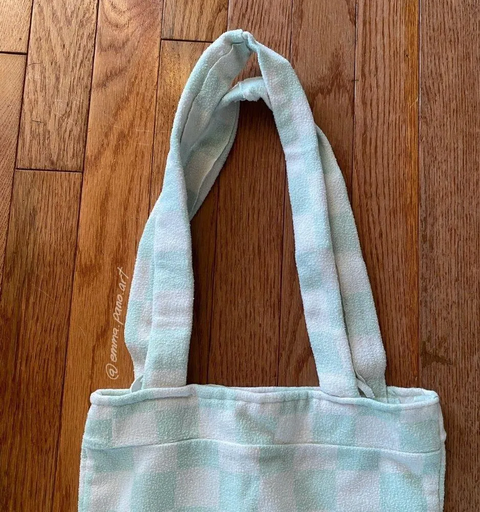white and mint green checkered tote bag - Image 3