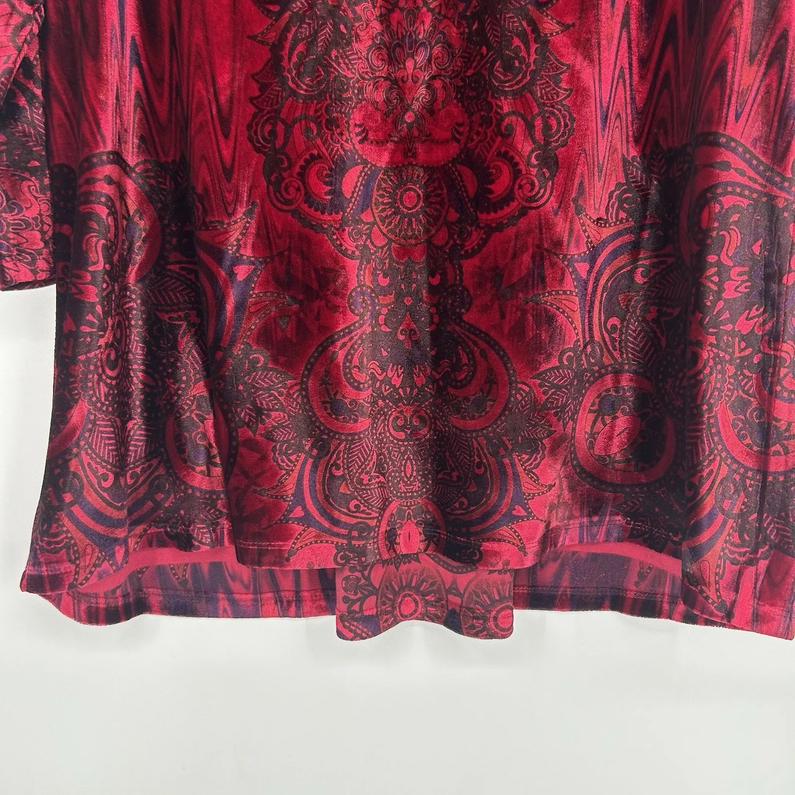 One World Boho Velvet Top Red Blue Lace 3/4 Sleeves Embellished Size 1X - Image 7