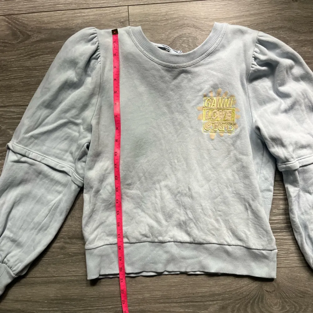 GANNI Light Blue Yellow Flower Long Puff Sleeves Backless Tie Sweatshirt Size M - Image 8