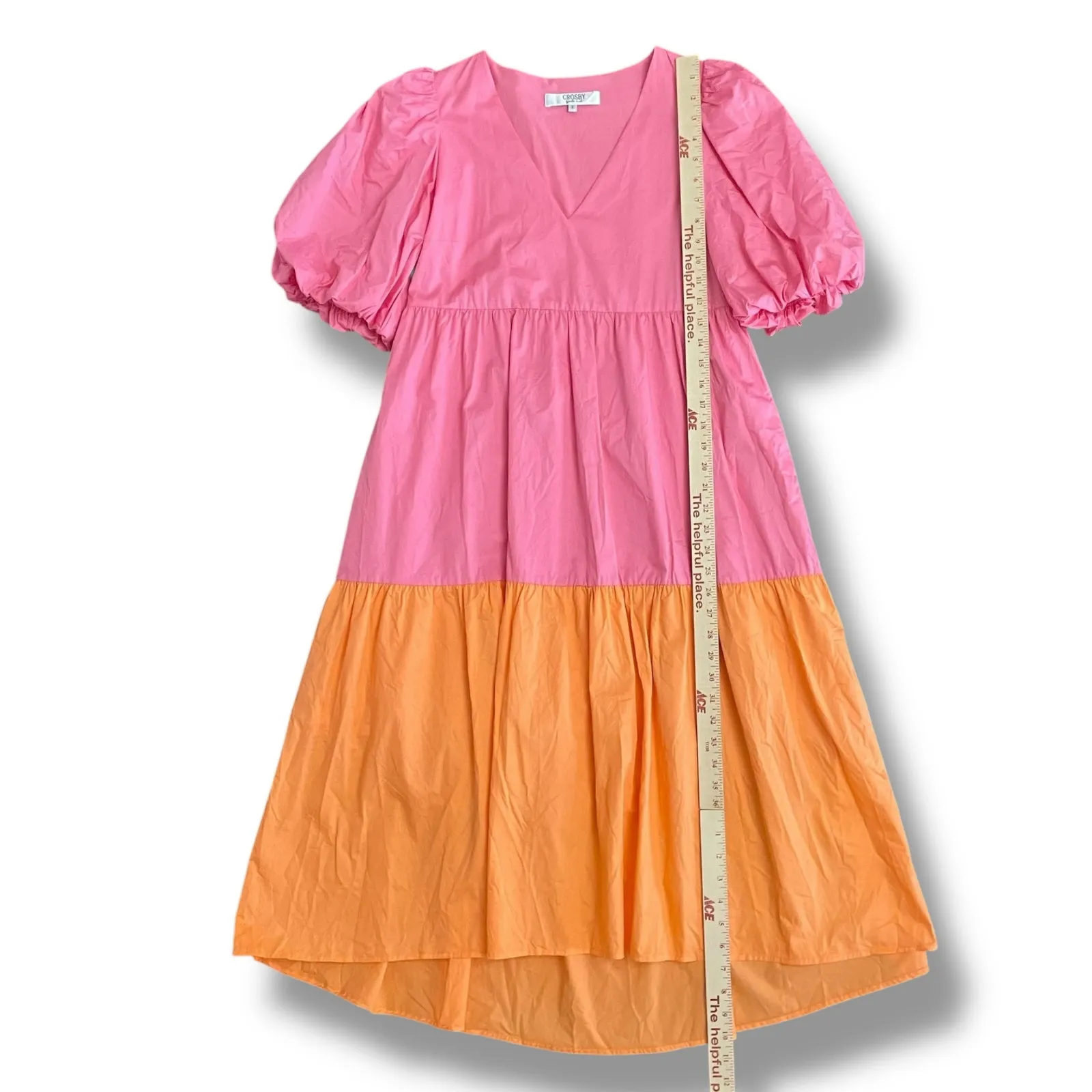 Crosby by Mollie Burch Pink & Peach Tiered Cotton Midi Dress Puff Sleeve S - Image 4