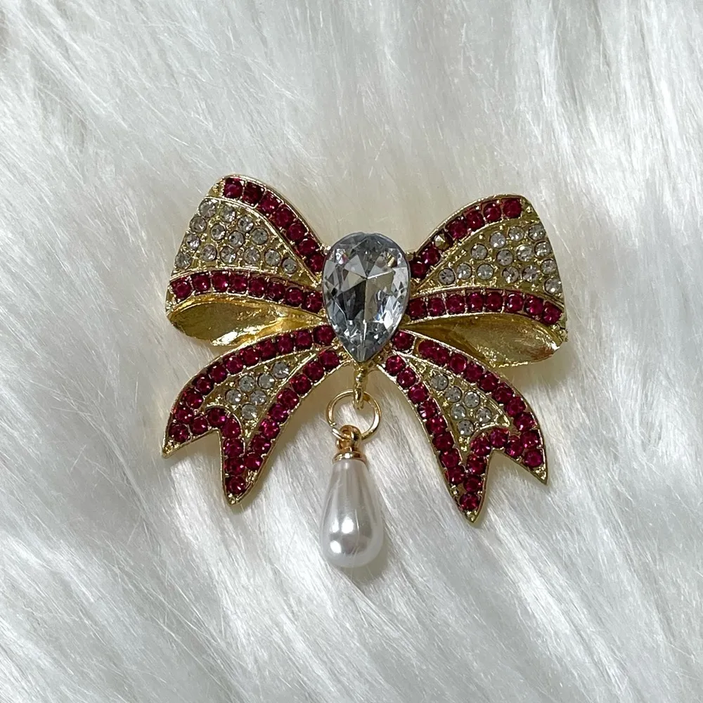 Bow Brooch Gold Tone Pink and Clear Crystals Pearl Drop - Image 5