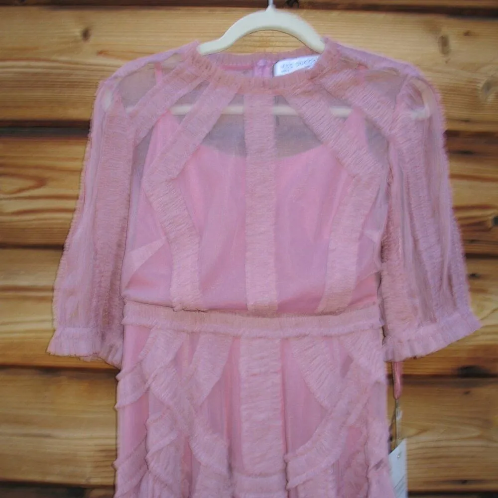 MAC DUGGAL 8058 Pink High Neck Micro Ruffle Tiered Midi Dress - Image 12