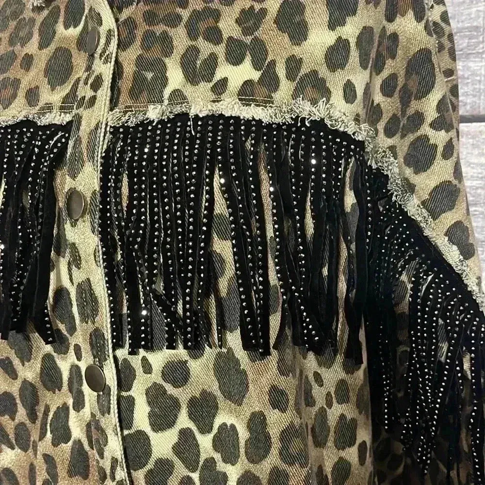 Leopard Print Jean Jacket Brown Size L - Image 3