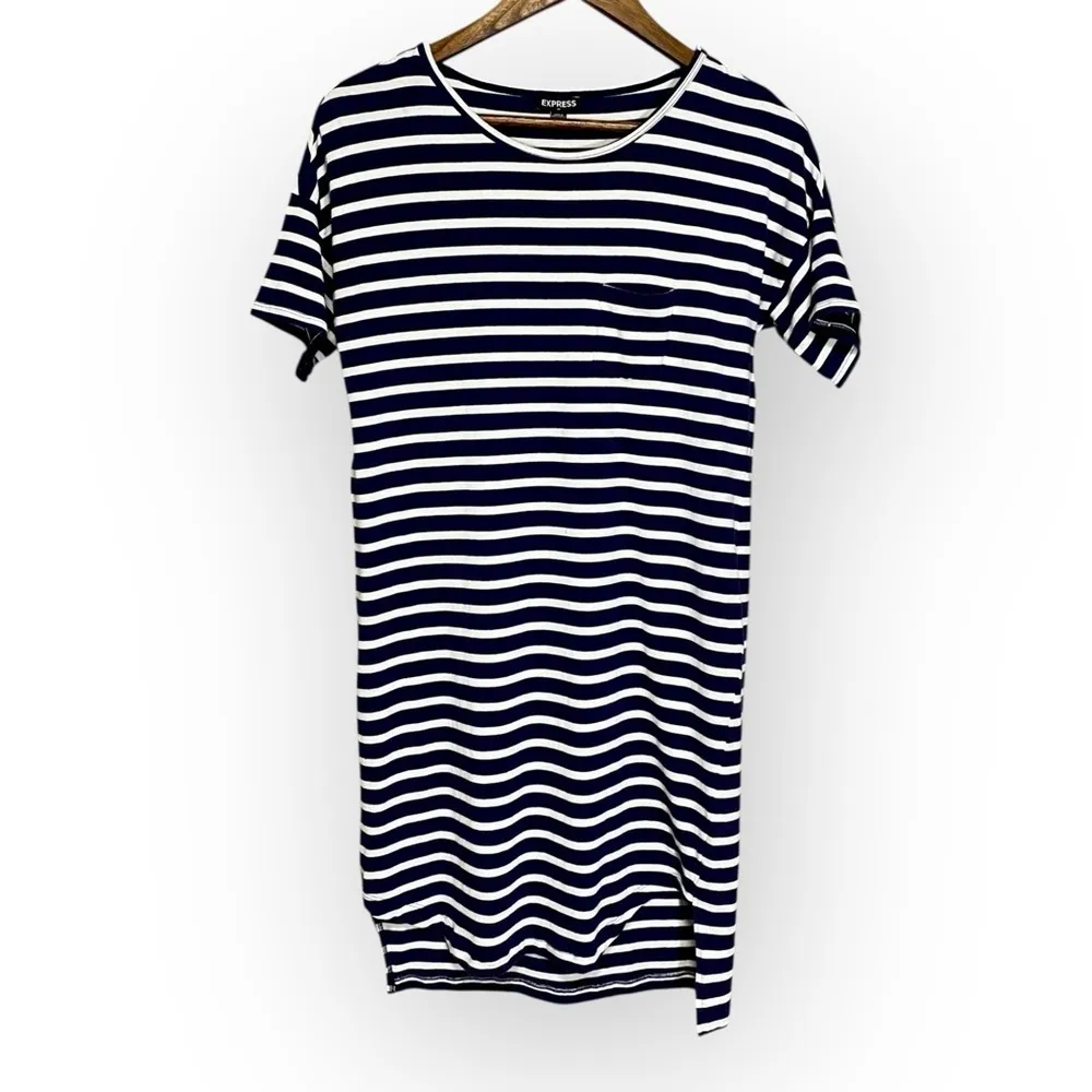 Express Navy White Striped T-Shirt Dress XS Casual Stretch Mini - Image 3