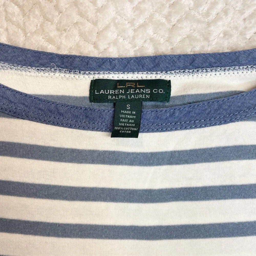 Lauren Jeans Co Blue cream striped Knit Top Zip accent Sleeve Shirt women SZ S - Image 10