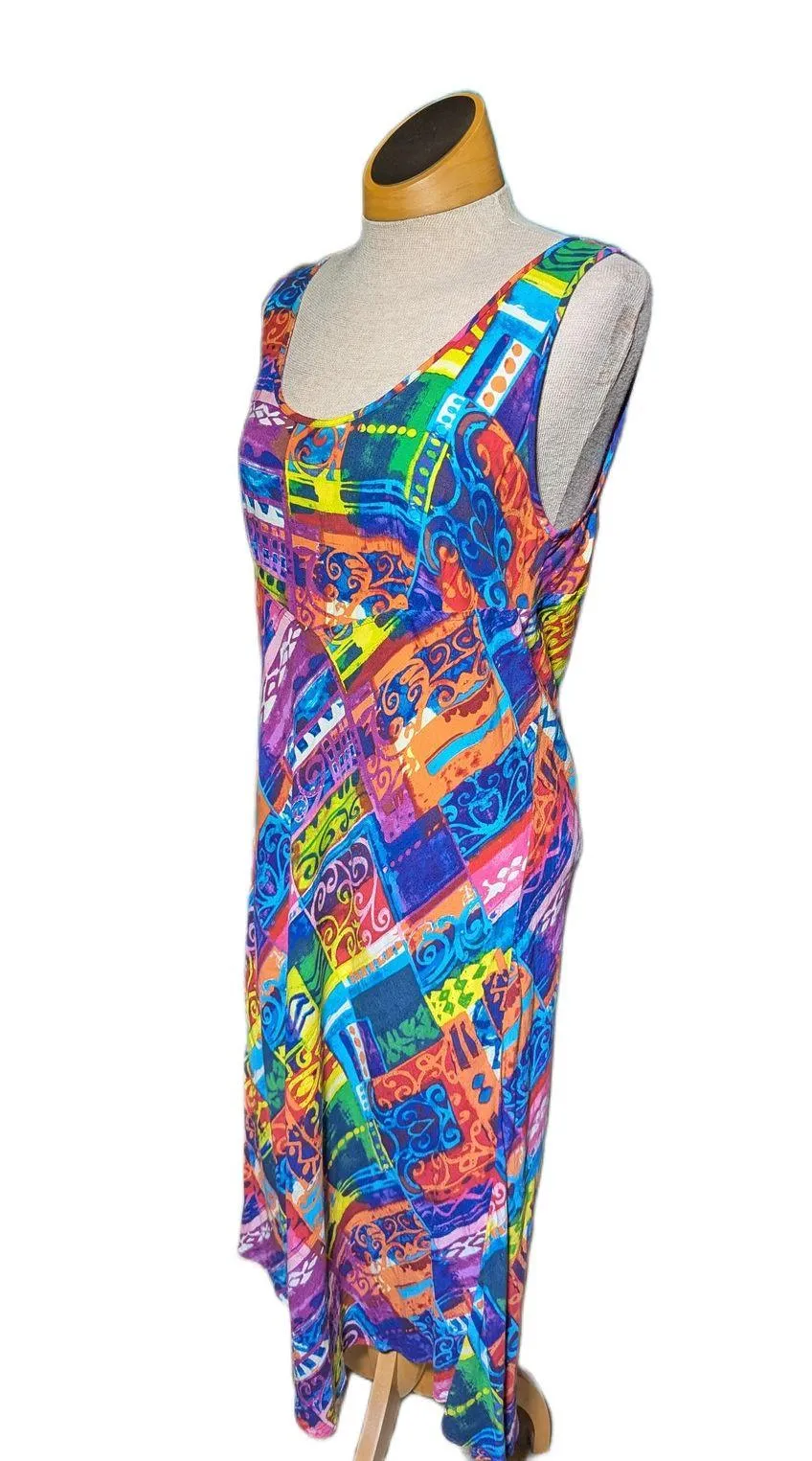 Vtg 1990s Jams World Colorful Geometric Patterned Basque Waist Midi Sun Dress L - Image 1