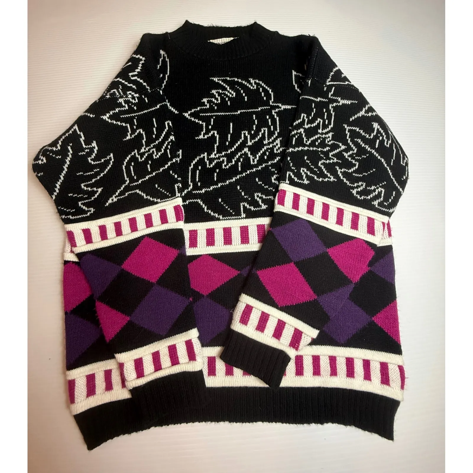 Vintage Cabin Creek Sweater Womens‎ Medium Black Leaf Argyle Knit Pullover - Image 5