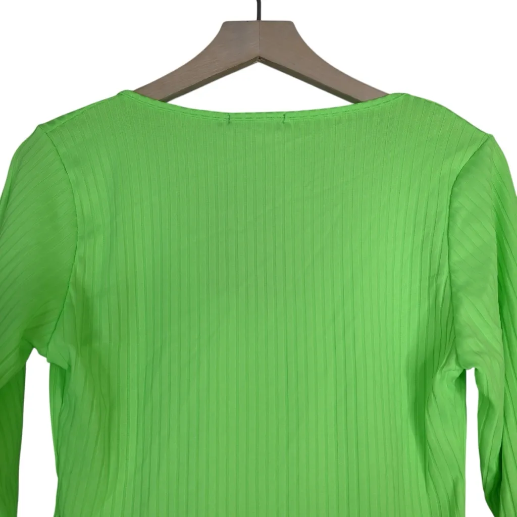 Pretty Little Thing Women's 8 Neon Lime Rib Plunge Long Sleeved Bodysuit NEW - Image 4