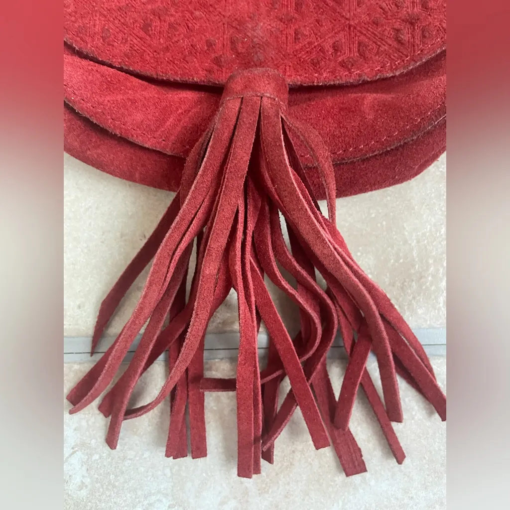 Urban Outfitters Ecote Leanne Maroon EmbossedSuede Saddle Bag, Fringe Bottom - Image 3