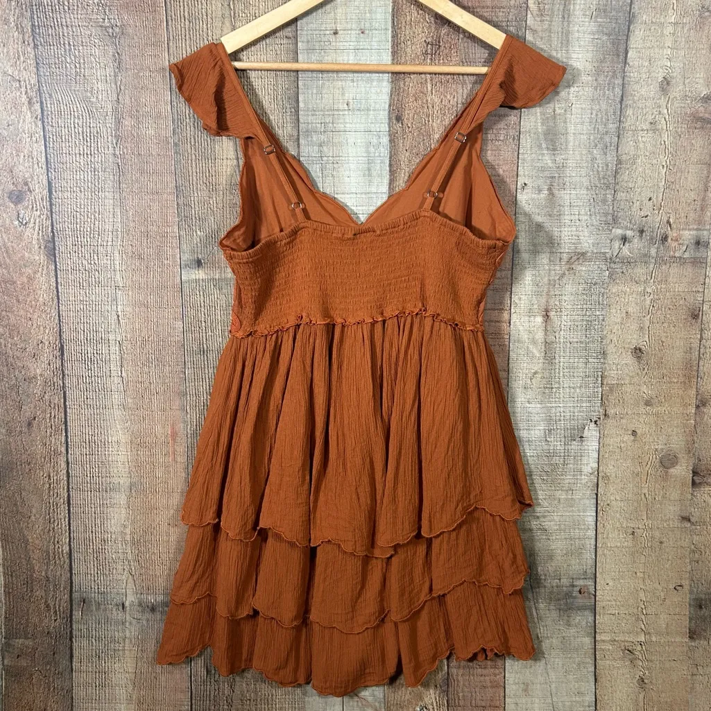 Shyanne Rust Tiered Mini Dress L Boho Western Country Lace Embroidered Festival - Image 7