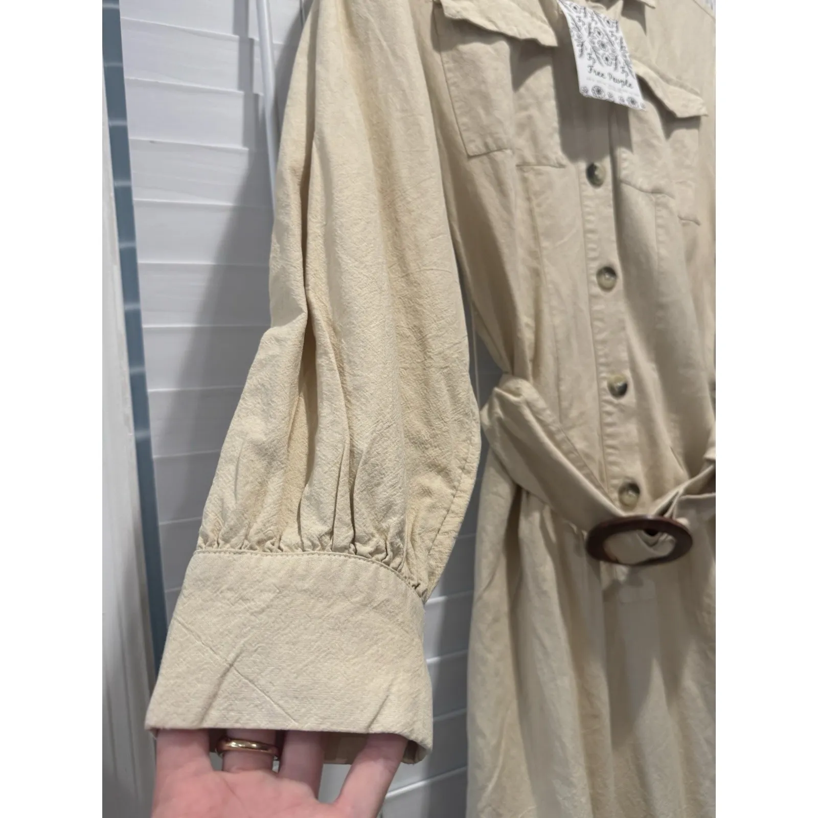 NEW Free People Aubrey Belted Long Sleeve Utility Shirtdress‎ in Cream Khaki XS - Image 2