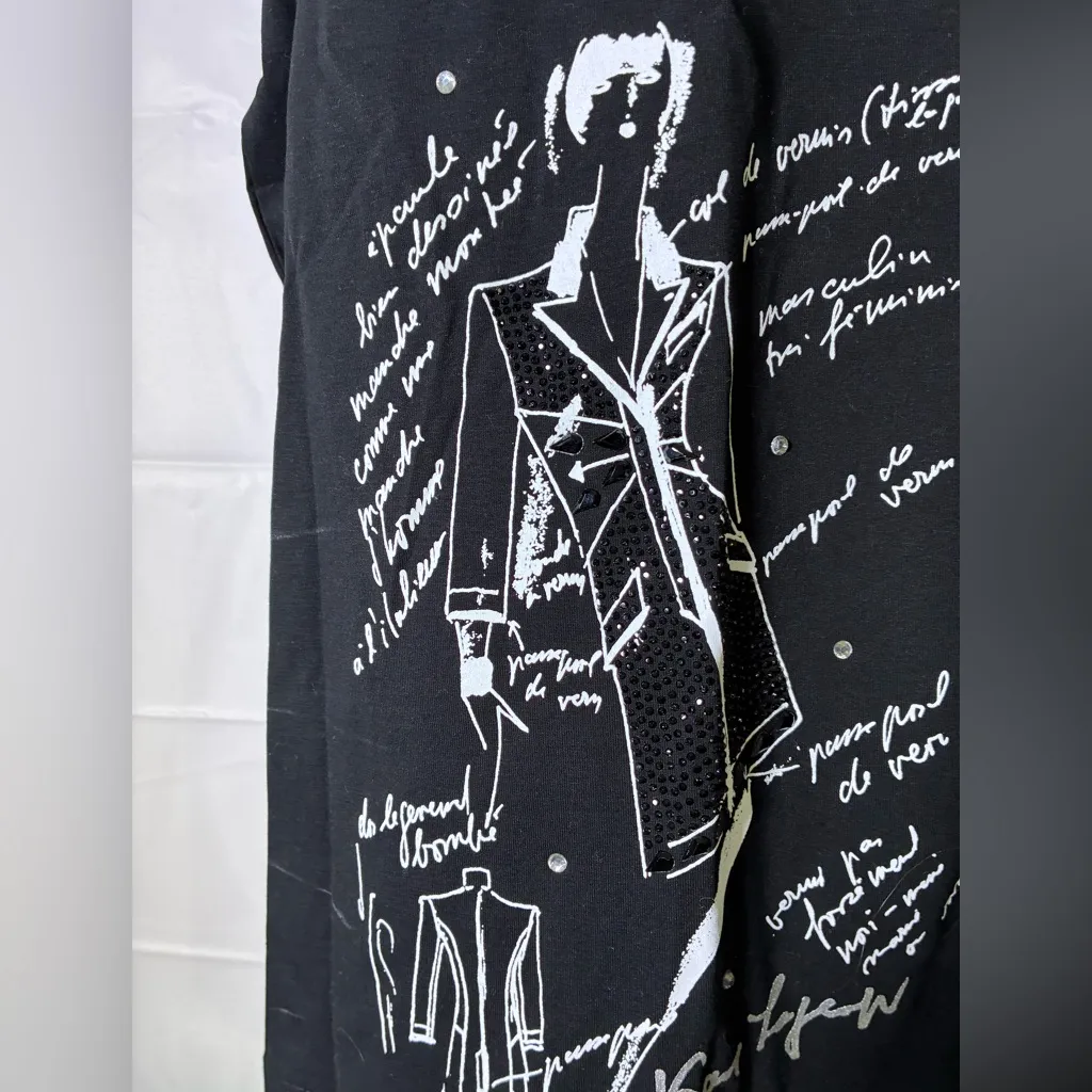NWOT KARL LAGERFELD Black Graphic T-Shirt with White Sketches and Bling!!! - Image 4