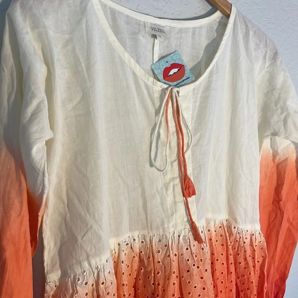 NEW Velzera Orange Ombré Eyelet Babydoll Dress Beach Coverup Long Sleeve Mini - Image 2