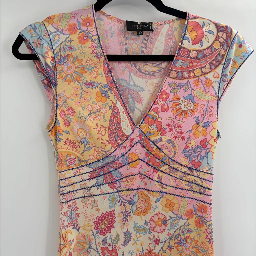 Etro Y2K Fairy Babydoll Designer Paisley Boho Hippie Fest Midi V Neck Dress Sz 4 Pink - Image 3