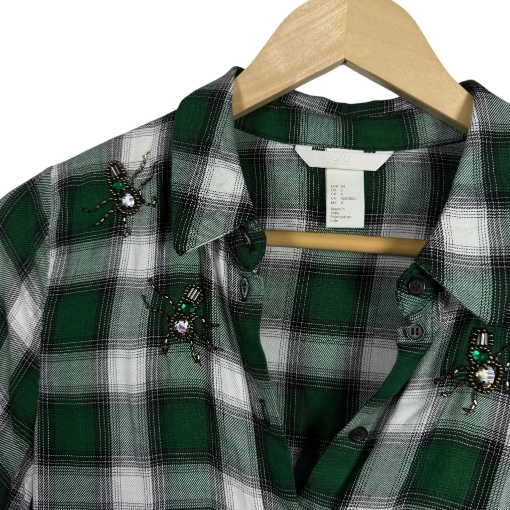 H&M Women’s Plaid Button Down Beetle Beaded Embellished Top Green/White 4 - Image 6