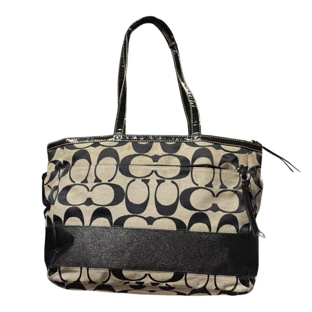 COACH F19202 Signature Stripe Lurex Large Diaper Baby Tote Bag Purse Black Trim - Image 2