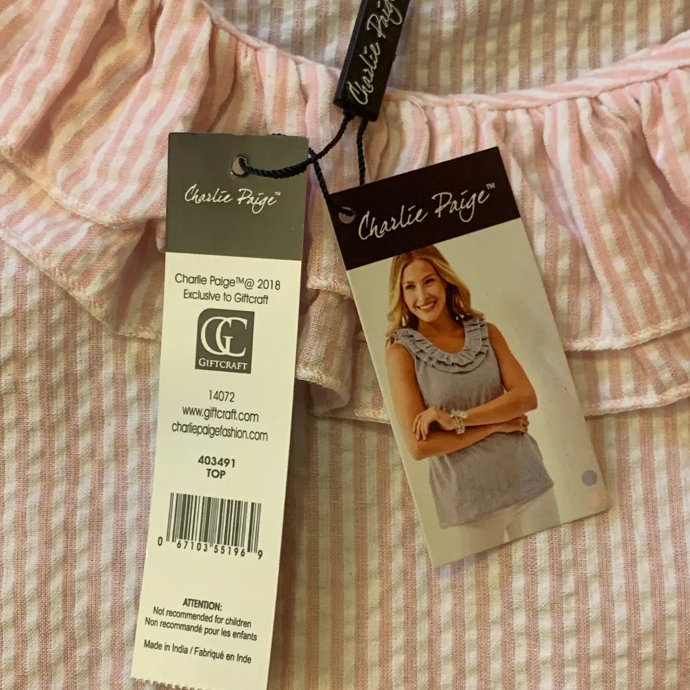 Charlie Paige NWT Top Large Pink White Stripes Tank Top with Ruffled Bib Collar - Image 3