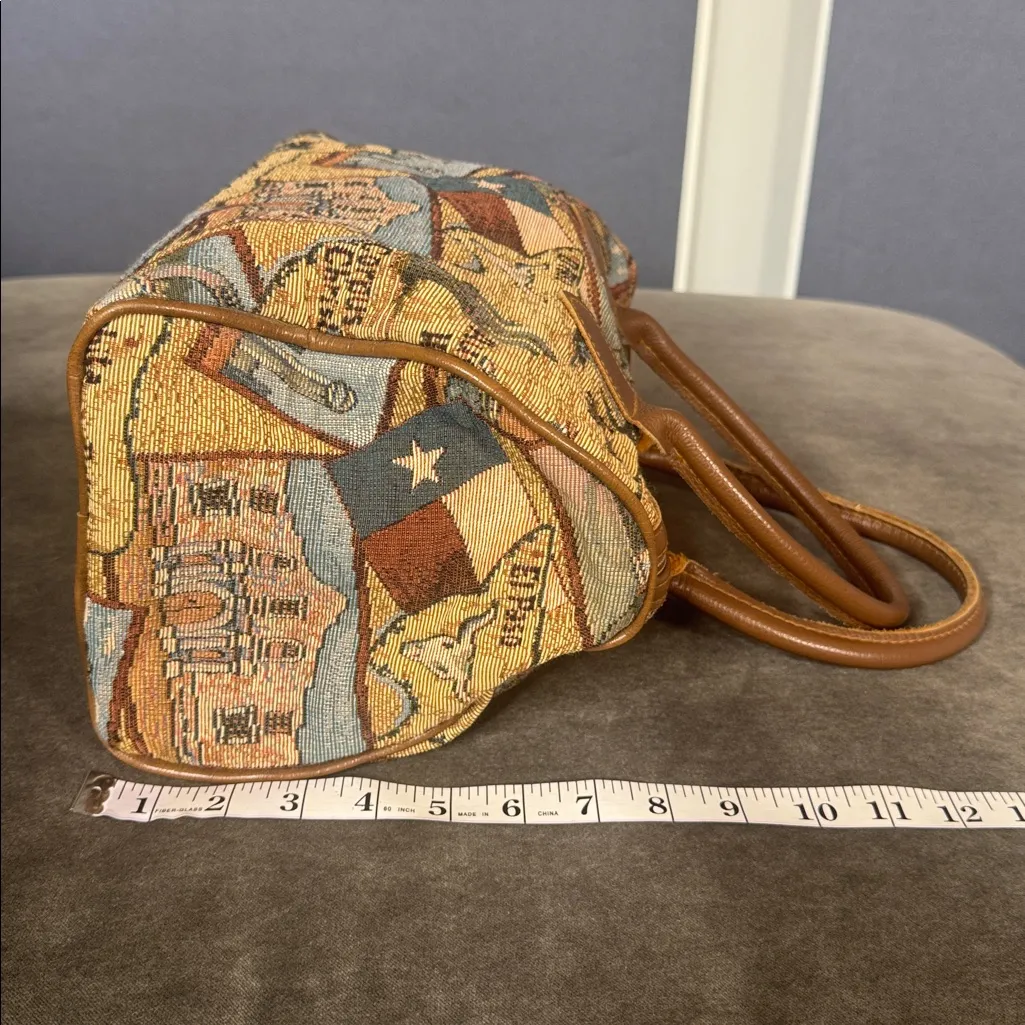 Unique Texas Themed Purse Handbag Tapestry Fabric Leather Handles and Trim Brown - Image 9
