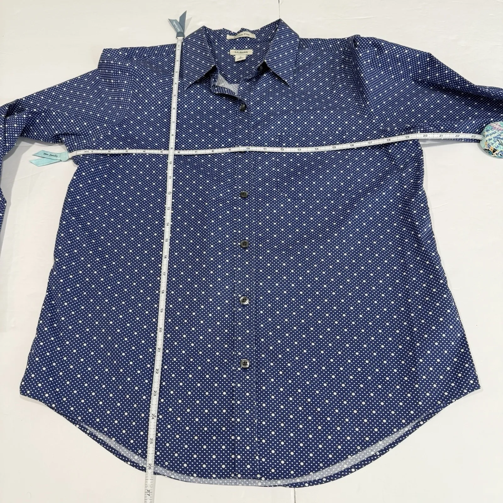 LL‎ Bean Blue Dots Wrinkle Free Pinpoint Oxford Long Sleeve Button Shirt SMALL - Image 6